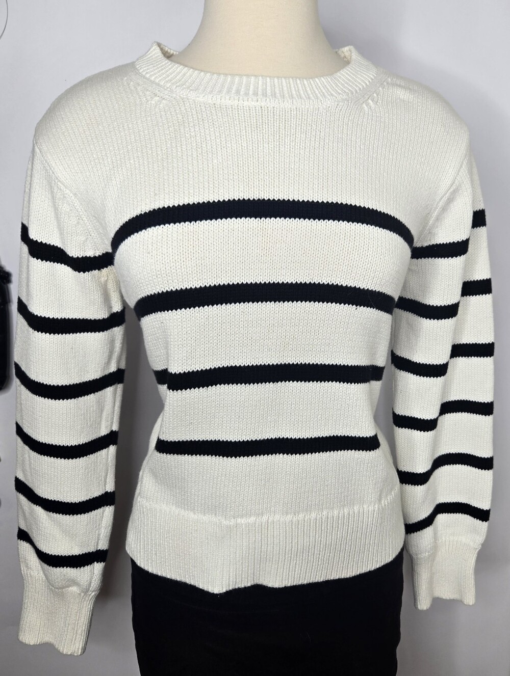 GAP White Crewneck 100% Cotton  Sweater with Black Stripes. Size M.